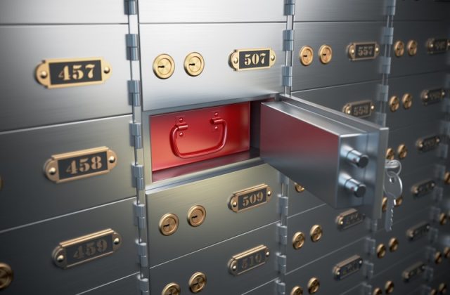 Safe deposit boxes with open one safe cell. 3d illustration